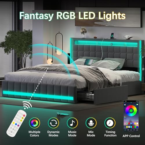 CSZZD Queen Bed Frame with 4 Storage Drawers & LED Lights, Light up Upholstered Platform Bed Frame Queen Size with Charging Station & Adjustable Headboard, No Noise, No Box Spring Needed, Dark Grey