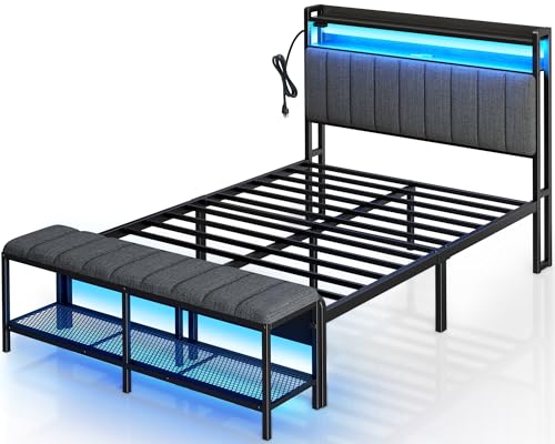 Rolanstar Full Bed Frame with Charging Station & LED Lights, Upholstered Headboard with Storage Shelves, Heavy Duty Metal Slats, No Box Spring Needed, Easy Assembly,Grey