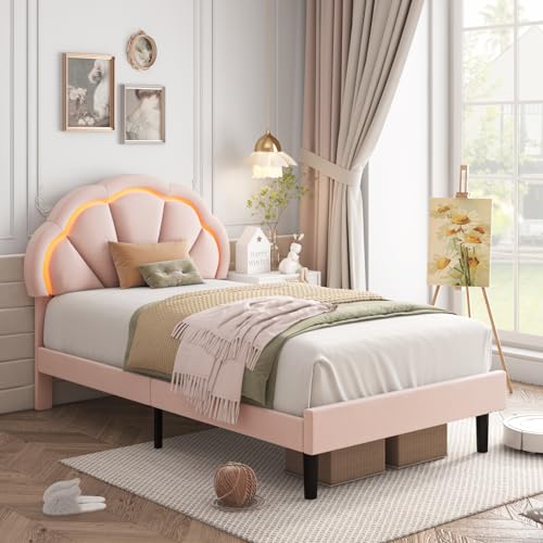 HIFIT 2 Piece Twin Upholstered LED Bed Frame with Adjustable Cute Petal Headboard, Soft Velvet Princess Platform Bed for Girls/Kids, Solid Wood Slats Support, No Box Spring Needed, Easy Assembly, Pink