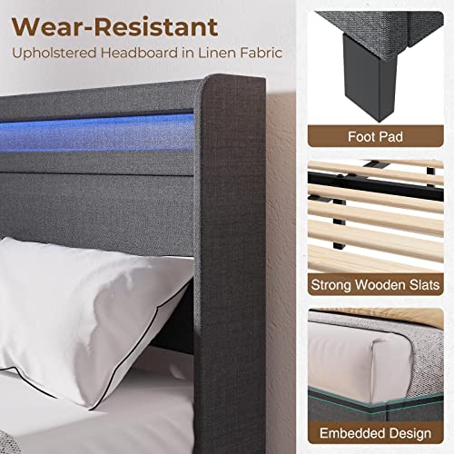 Rolanstar Bed Frame Twin Size with LED Lights and Charging Station, Upholstered Bed with Motion Activated Night Light and Wood Slats, Dark Grey