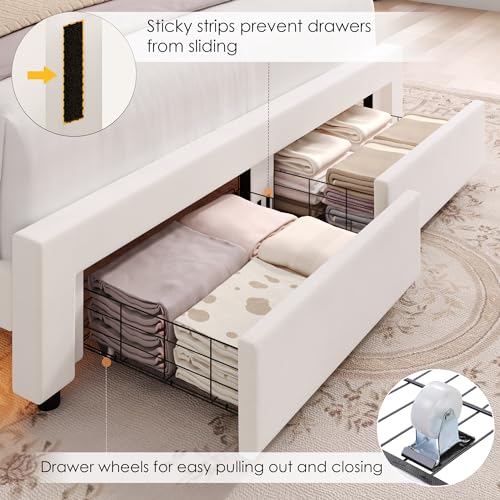 Keyluv Full Upholstered LED Bed Frame with 2 Storage Drawers and Adjustable Semicircle Headboard, Smart Platform Bed Frame with Golden Trim, Wooden Slats Support, Box Spring Optional, Velvet, Beige