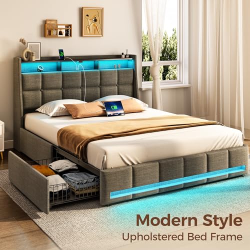 Rolanstar Full Size Bed Frame with LED Lights and Charging Station, Upholstered Bed Storage Headboard & Drawers, Heavy Duty Wood Slats, Easy Assembly