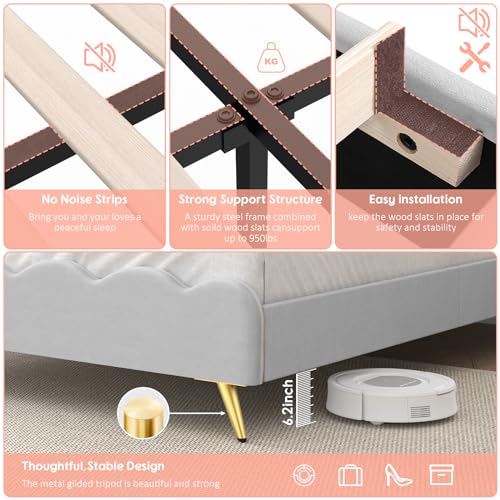 Winkalon Queen Upholstered Smart LED Bed Frame with Adjustable Headboard, Platform Bed Frame Queen Size with Wooden Slats Support, No Box Spring Needed, Easy Assembly, White Bed