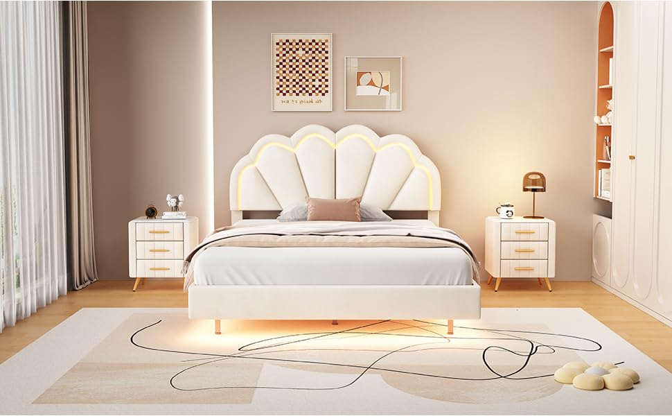 Bellemave Upholstered Platform Bed with LED Lights, Velvet Bed Frame with Flowers Headboard and Wooden Slats Support, Upholstered Smart LED Bed Frame for Adults and Kid (White, Full Size)