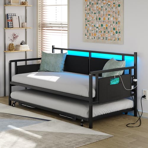 Furniouse Daybed with Charging Station and LED Lights, Twin Daybed with Trundle, Metal Sofa Bed Frame with Steel Slat Support for Living Room, Bedroom, Guest Room Black