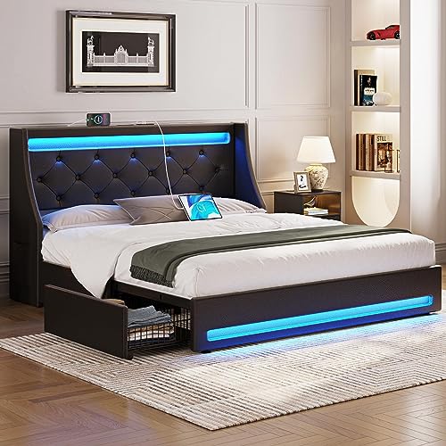 Rolanstar Full Bed Frame with LED Lights and Charging Station, PU Leather Bed with Drawers, Wooden Slats, Noise Free, Easy Assembly, Black