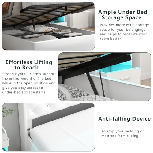 Loomie Queen Lift Up Bed Frame with Charging Station&LED Lights,Leather Upholstered Bed with Button Tufted Wingback Storage Headboard,Hydraulic Storage, No Box Spring Needed,Wood Slats Support (White)
