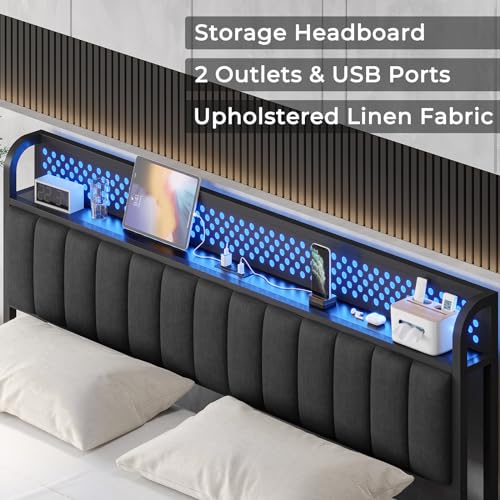 ADORNEVE King Size Bed Frame with LED Lights Headboard, Upholstered Platform Bed with Charging Station, LED Bed Frame with Storage Headboard, Upgraded 2-Row Mid-Beams, Noise-Free, Dark Grey