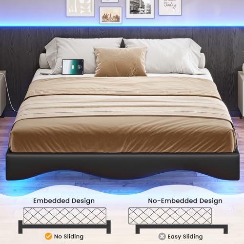 AOGLLATI Floating Bed Frame Full Size with Charging Station, Black Modern Led Platform Metal Bed Frame Full Size with Leather Wave Molding and Stable Structure,No Box Spring Needed, (Black, Full)