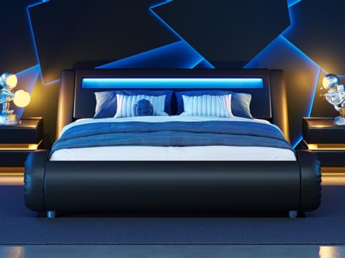 WEEWAY Modern Queen bed frame with RGBW LED Lights Headboard, Low Profile Upholstered Platform Sleigh Design, Strong Wood Slats Support, No Box Spring Needed, Black