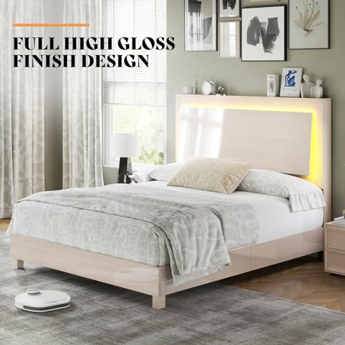 AMERLIFE Queen Size Beds Frame with Smart RGBW LED Lights, High Gloss Wooden Platform Bed Frame with Floating Ergonomic Headboard, Slats Support/Noise Free/No Box Spring Needed, White Woodgrain