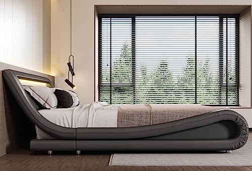 SHA CERLIN LED Queen Bed Frame with Adjustable Headboard - Low Profile Sleigh Design, Strong Wood Slats Support and Mattress Foundation, No Box Spring Needed, Grey