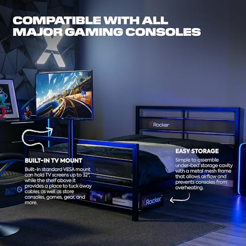X Rocker Basecamp Full Size Gaming Bed, Rotating TV Mount with Vented Console Storage, Metal Mesh Frame with Slats, Amazon Exclusive, Black
