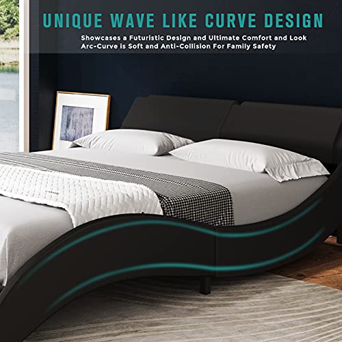 DICTAC Queen Led Bed Frame Modern Faux Leather Upholstered Platform Bed Frame with RGB LED Lights and Headboard Wave Like Curve Low Profile Bed Frame,Wood Slats Support,Easy Assembly,Black