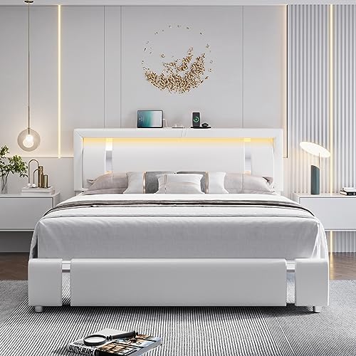 Keyluv King Size Upholstered Platform Bed Frame with RGB LED Lights, 2 Drawers, USB Charging Ports, No Box Spring Needed