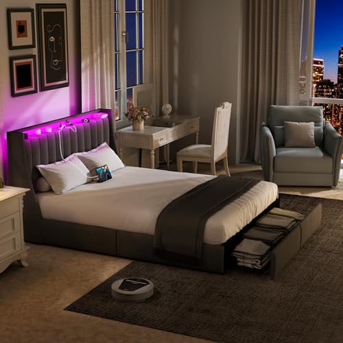 Queen Size Bed Frame with Storage Headboard, Upholstered Platform Bed Frame with RGB LED Lights, 2 Drawers, Charging Station, Heavy Metal Slats Support, No Box Spring Needed, Easy Assembly, Gray