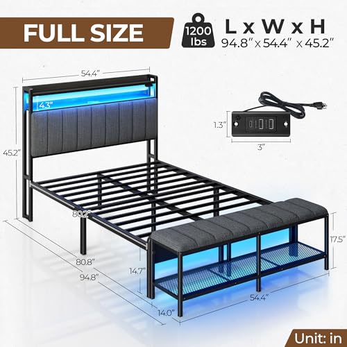 Rolanstar Full Bed Frame with Charging Station & LED Lights, Upholstered Headboard with Storage Shelves, Heavy Duty Metal Slats, No Box Spring Needed, Easy Assembly,Grey