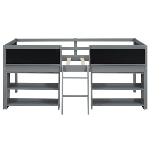Twin Size Low loft Bed with Movable Shelves for Kids,Kids Low Loft Bed Frame with Guardrail Chalkboard and Storage,Solid Wood Loft Bed Twin for Boys,Girls(Gray)