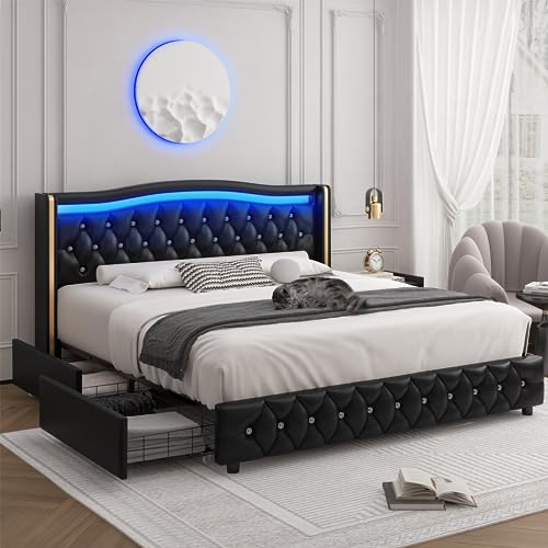 HIFIT King Smart LED Platform Bed Frame with 4 Storage Drawers, Crystal Button-Tufted & Stainless Gold Trim Wingback Headboard, Modern PU Upholstered Black No Box Spring Needed/Easy Assembly