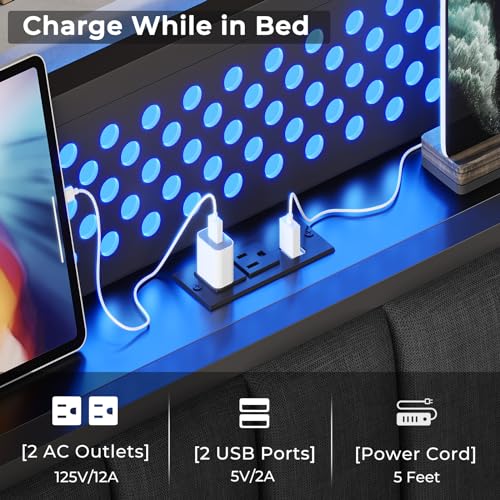 ADORNEVE King Size Bed Frame with LED Lights Headboard, Upholstered Platform Bed with Charging Station, LED Bed Frame with Storage Headboard, Upgraded 2-Row Mid-Beams, Noise-Free, Dark Grey