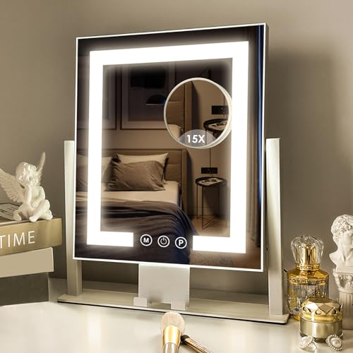 LuxeVue Makeup Mirror with Lights, 15X Magnification 360 Rotation Vanity Mirror with Lights, Vanity Mirror with Detachable 3 Color Modes, Smart Touch Control and Phone Holder,White