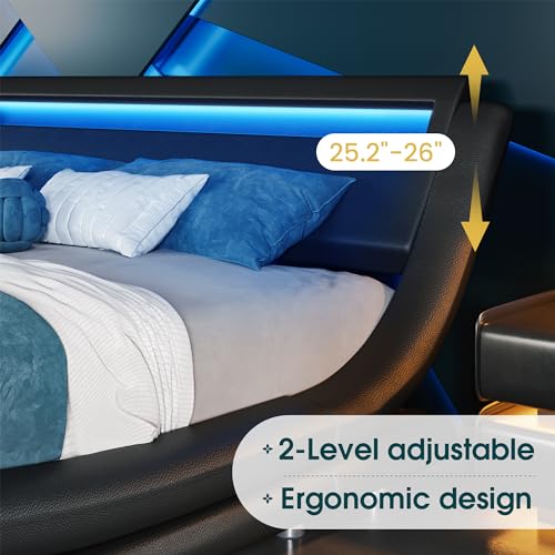 WEEWAY Modern Queen bed frame with RGBW LED Lights Headboard, Low Profile Upholstered Platform Sleigh Design, Strong Wood Slats Support, No Box Spring Needed, Black
