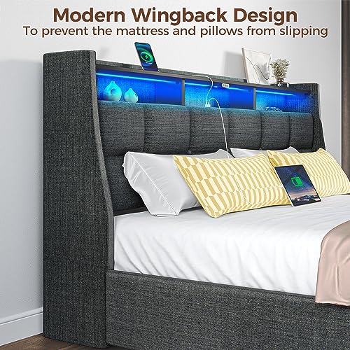 Rolanstar Full Size Bed Frame with LED Lights and Charging Station, Upholstered Bed Storage Headboard & Drawers, Heavy Duty Wood Slats, Easy Assembly