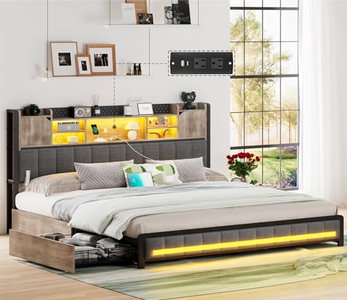 Queen Bed Frame with Storage Headboard & 4 Drawers, LED Upholstered Bed Frame Queen Size with Type-C & USB Ports, Metal Queen Platform Storage Light up Bed Frame, No Box Spring Needed, Charcoal Gray