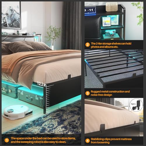 Unikito Queen Size Bed Frame with Smart LED Lights and Power Outlet, Stable Platform Bed with Upholstered Storage Headboard, Solid Metal Slats, Noise Free, No Box Spring Needed, Easy Assembly, Black
