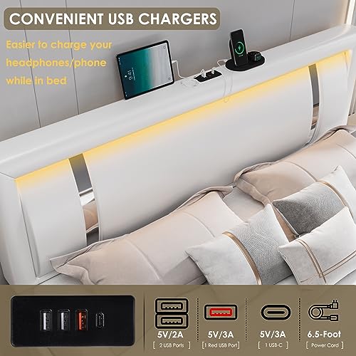 Keyluv King Size Upholstered Platform Bed Frame with RGB LED Lights, 2 Drawers, USB Charging Ports, No Box Spring Needed