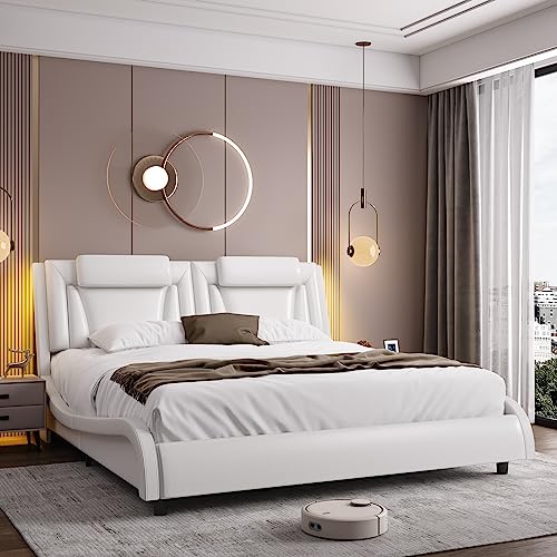 Keyluv Modern Upholstered King Bed Frame with Adjustable LED Headboard, Wave-Like Curve Design, Solid Wooden Slats Support, No Box Spring Needed, Noise Free, White