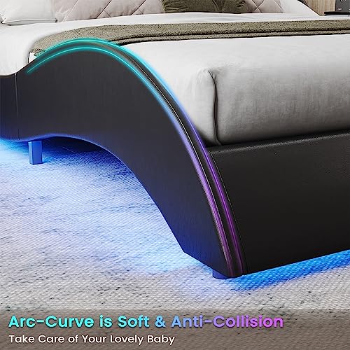 DICTAC Queen Led Bed Frame Modern Faux Leather Upholstered Platform Bed Frame with RGB LED Lights and Headboard Wave Like Curve Low Profile Bed Frame,Wood Slats Support,Easy Assembly,Black