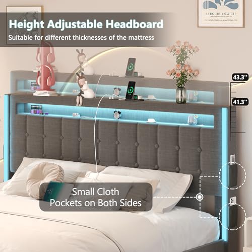 CSZZD Queen Bed Frame with 4 Storage Drawers & LED Lights, Light up Upholstered Platform Bed Frame Queen Size with Charging Station & Adjustable Headboard, No Noise, No Box Spring Needed, Dark Grey
