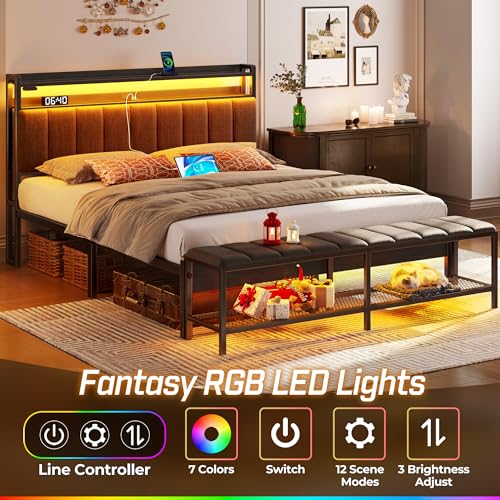 Rolanstar Full Bed Frame with Charging Station & LED Lights, Upholstered Headboard with Storage Shelves, Heavy Duty Metal Slats, No Box Spring Needed, Easy Assembly,Grey