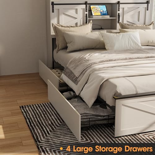 Fameill Farmhouse Queen Size Bed Frame with 4 Drawers and Bookcase Headboard, Sliding Barn Door Storage Shelves, LED Lights and Charging Station, No Box Spring Needed, Antique White