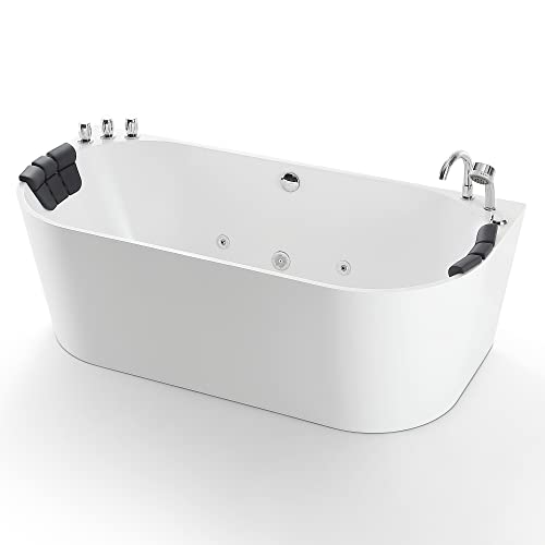 Empava 59-Inch Freestanding Whirlpool Bathtub,Acrylic 8 Hydromassage Jets Tub,59" x 30", Middle Drain, [ ETL Certificated ], Includes Faucet, Handheld Shower, and Waterproof Pillows