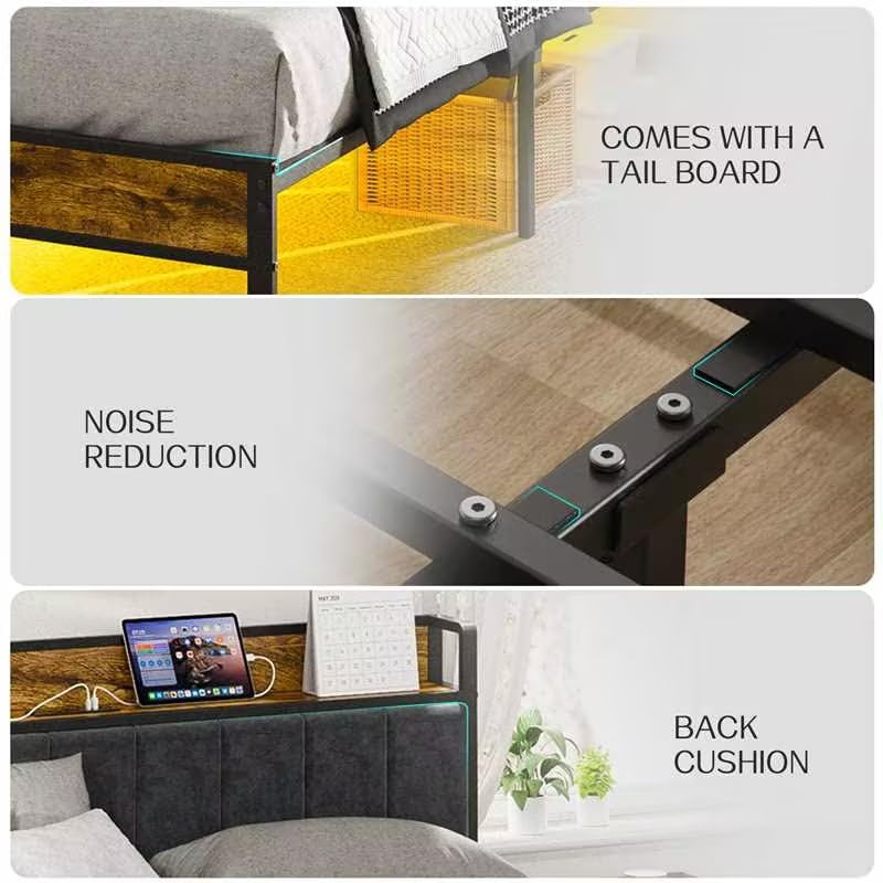 Queen Bed Frame with Headboard, Queen Size Metal Platform Bed with Smart LED Lights and USB Charging Station, Easy Assembly, No Box Spring Needed