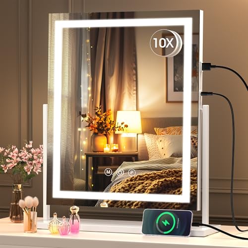 Hasipu Vanity Mirror with Lights, 14" x 18" LED Makeup Mirror, Lightup Mirror with Smart Touch 3 Color Modes and Brightness Adjustment, 10X Magnifying Glass,360° Rotation