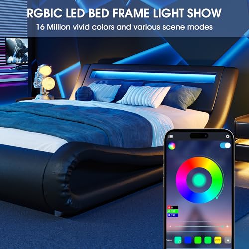 WEEWAY Modern Queen bed frame with RGBW LED Lights Headboard, Low Profile Upholstered Platform Sleigh Design, Strong Wood Slats Support, No Box Spring Needed, Black