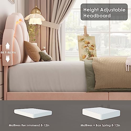 HIFIT 2 Piece Twin Upholstered LED Bed Frame with Adjustable Cute Petal Headboard, Soft Velvet Princess Platform Bed for Girls/Kids, Solid Wood Slats Support, No Box Spring Needed, Easy Assembly, Pink