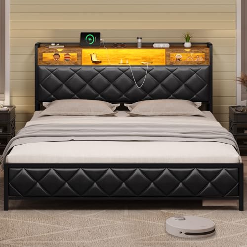 DICTAC King Size Metal Bed Frame with Headboard and Charging Station, King Platform Bed Frame with Led Lights and Storage, Heavy Duty Metal Slats, No Box Spring Needed, Noise Free, Easy Assembly,Black