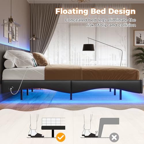 AOGLLATI Floating Bed Frame Full Size with Charging Station, Black Modern Led Platform Metal Bed Frame Full Size with Leather Wave Molding and Stable Structure,No Box Spring Needed, (Black, Full)