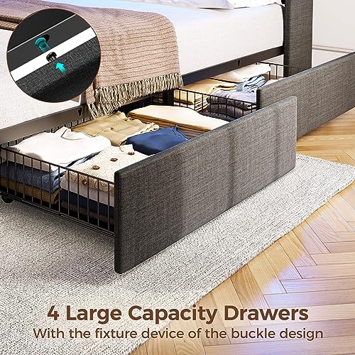 Rolanstar Full Size Bed Frame with LED Lights and Charging Station, Upholstered Bed Storage Headboard & Drawers, Heavy Duty Wood Slats, Easy Assembly