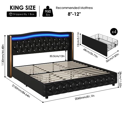 HIFIT King Smart LED Platform Bed Frame with 4 Storage Drawers, Crystal Button-Tufted & Stainless Gold Trim Wingback Headboard, Modern PU Upholstered Black No Box Spring Needed/Easy Assembly