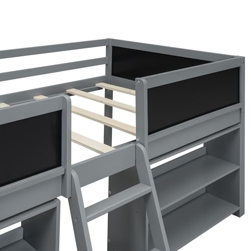 Twin Size Low loft Bed with Movable Shelves for Kids,Kids Low Loft Bed Frame with Guardrail Chalkboard and Storage,Solid Wood Loft Bed Twin for Boys,Girls(Gray)