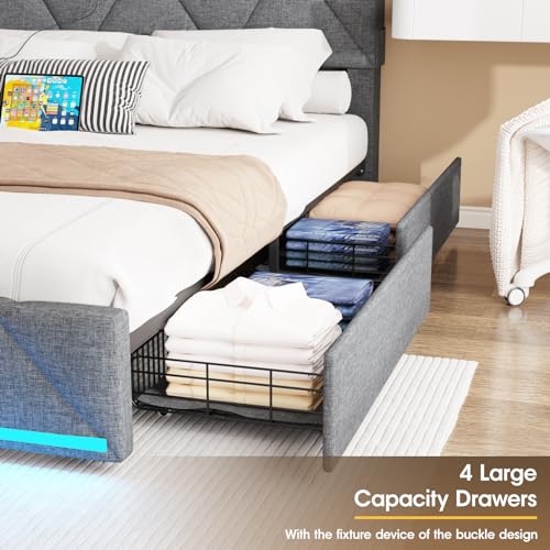 Vabches Queen Bed Frame with Storage Headboard and 4 Drawers,Upholstered Platform with Charging Station and Led Lights,Adjustable Headboard,No Box Spring Needed,Dark Grey