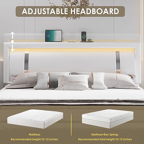 Keyluv King Size Upholstered Platform Bed Frame with RGB LED Lights, 2 Drawers, USB Charging Ports, No Box Spring Needed