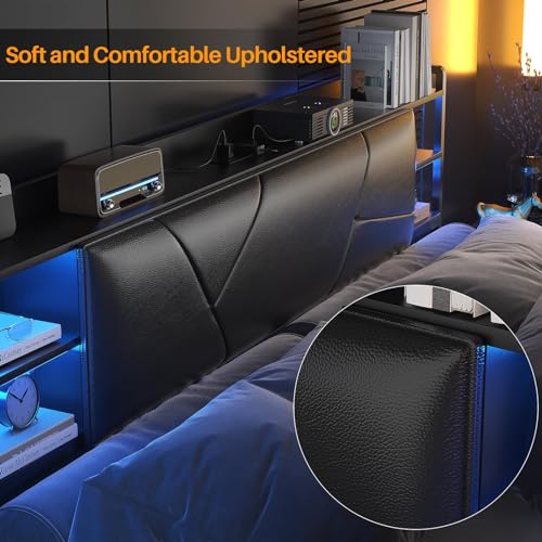 Unikito Queen Size Bed Frame with Smart LED Lights and Power Outlet, Stable Platform Bed with Upholstered Storage Headboard, Solid Metal Slats, Noise Free, No Box Spring Needed, Easy Assembly, Black