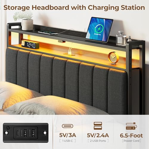 Rolanstar Full Bed Frame with Charging Station & LED Lights, Upholstered Headboard with Storage Shelves, Heavy Duty Metal Slats, No Box Spring Needed, Easy Assembly,Grey