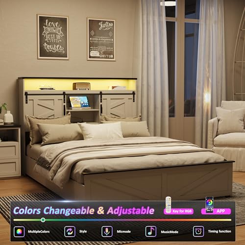 Fameill Farmhouse Queen Size Bed Frame with 4 Drawers and Bookcase Headboard, Sliding Barn Door Storage Shelves, LED Lights and Charging Station, No Box Spring Needed, Antique White